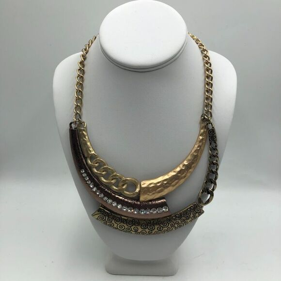 Lucia Women's Metal Statement Necklace Layered Tiered Signed Tag Rhinestones - Picture 1 of 10